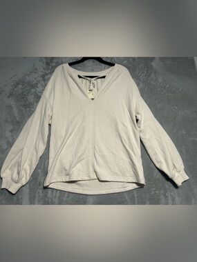 Aerie Textured V Neck Sweatshirt Women’s XS Cream Tassels